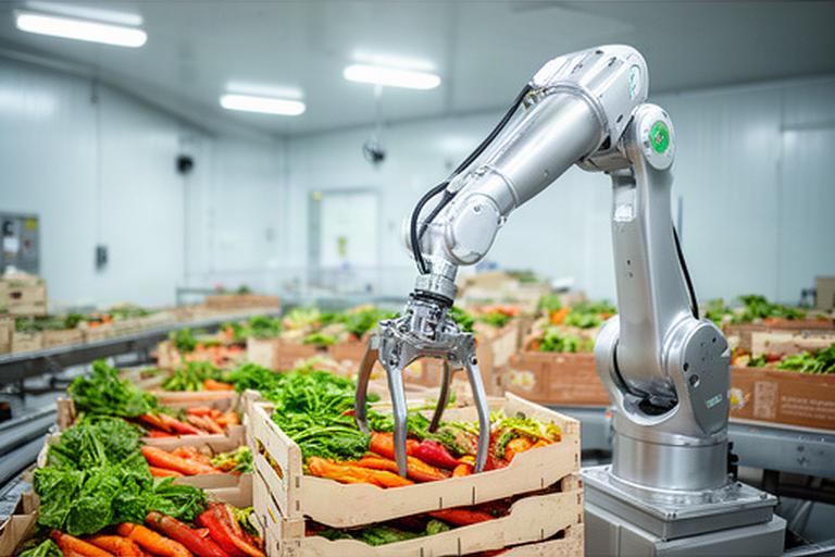 Braccio robotico che confeziona cassette di ortaggi biologici in una cella refrigerata